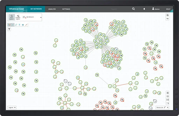 The picture presents an example dashboard with Network Map created by the WhatsUp Gold's Network Discovery Tool